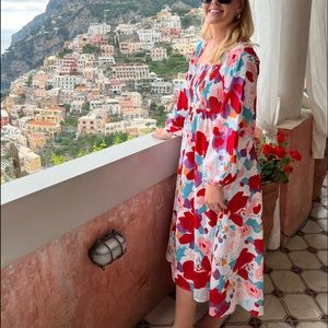 Floral print square neck a line dress